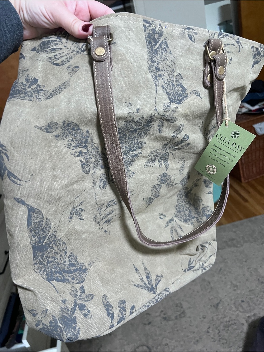 CLEA RAY Beige Floral Canvas Tote with Brown Straps